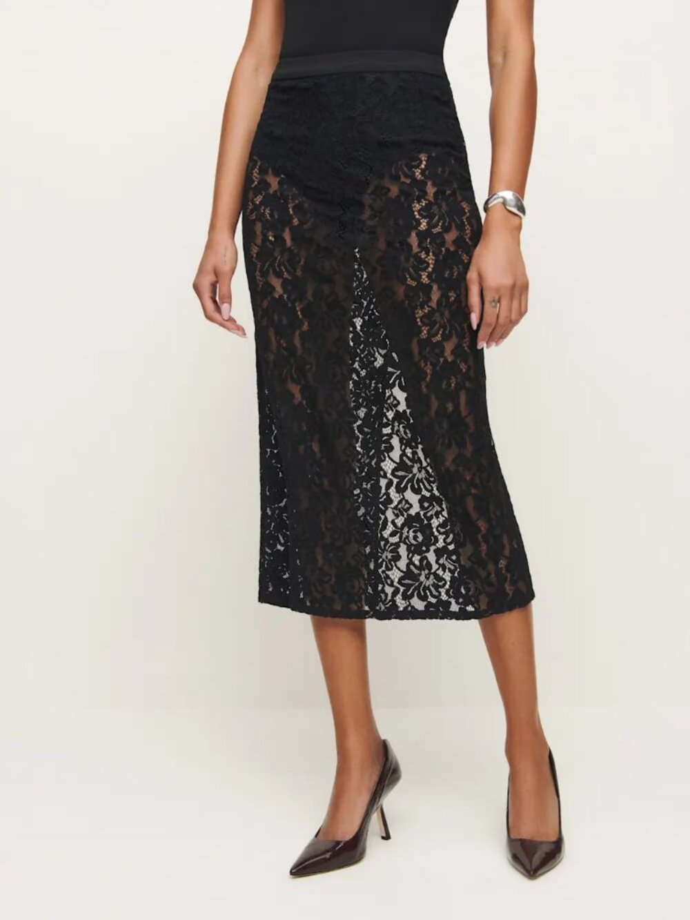 New Reformation Rylee Midi Skirt Black Lace Sheer 0